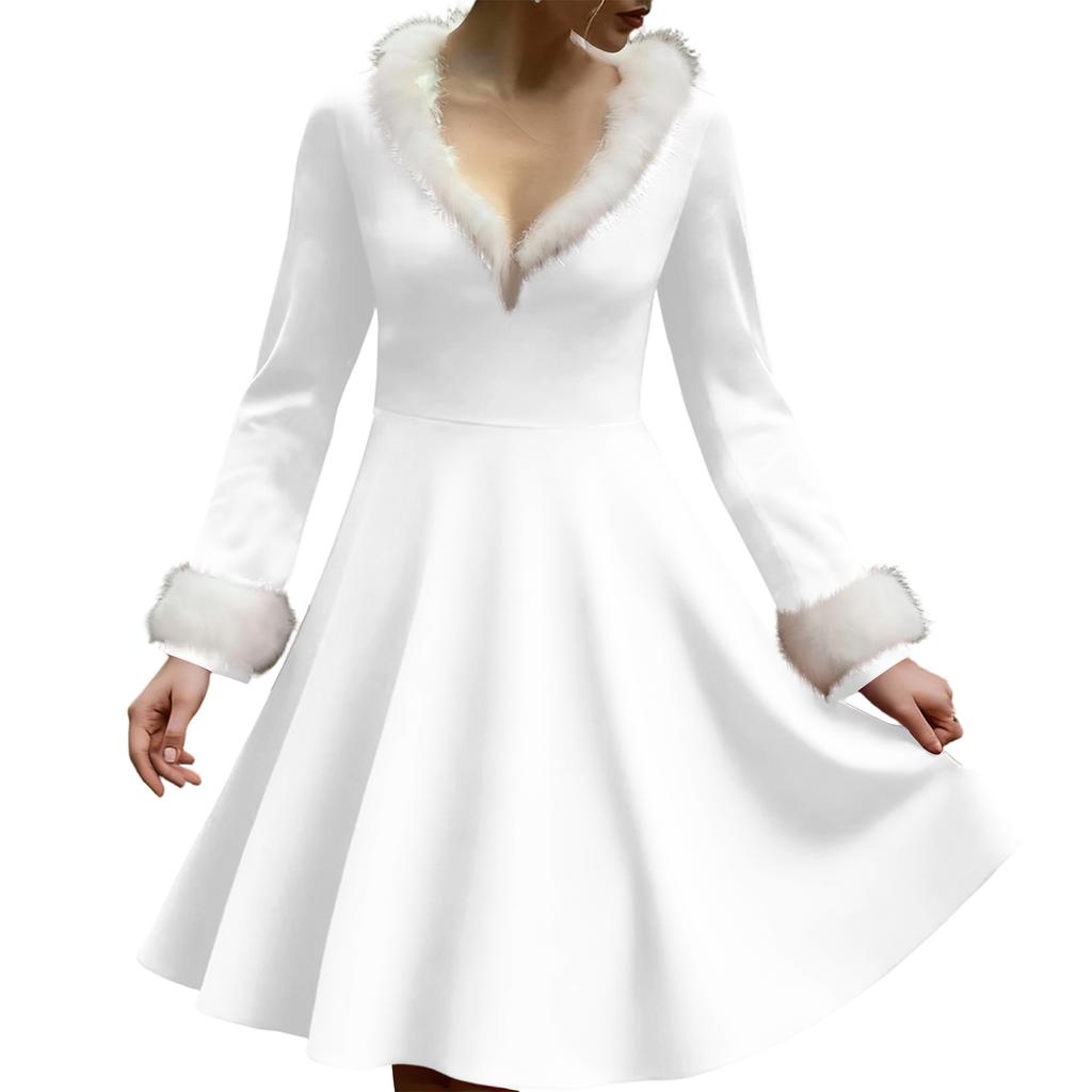 Женское повседневное платье с V-образным вырезом, рождественским принтом, плюшевыми длинными рукавами