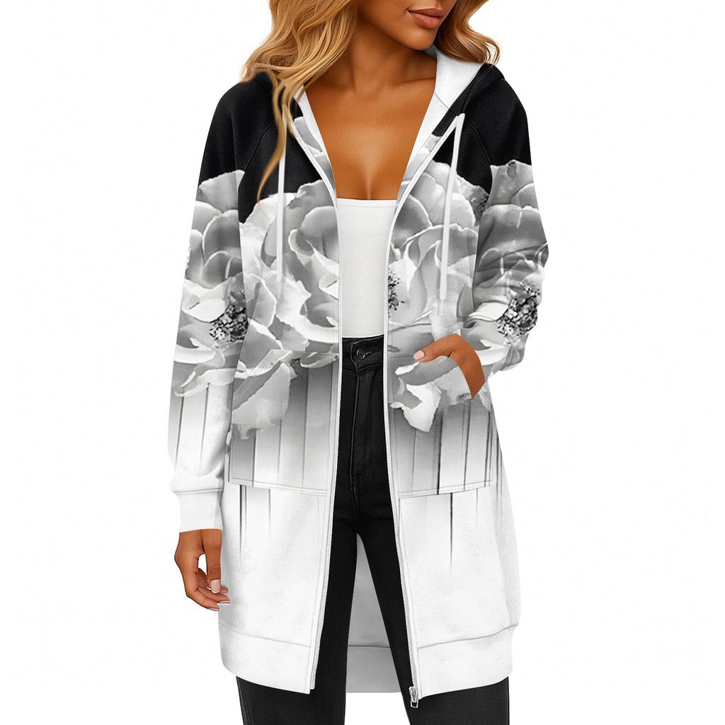 Women's Fashionable Printed Long Sleeved Drawstring Hooded Zipper Pocket Long Casual Sweatshirt Jacket