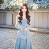 Spring Autumn Temperament Square Collar Folds A-line Dress Women Long Sleeve Elegant Fashion Solid Robe Vestidos