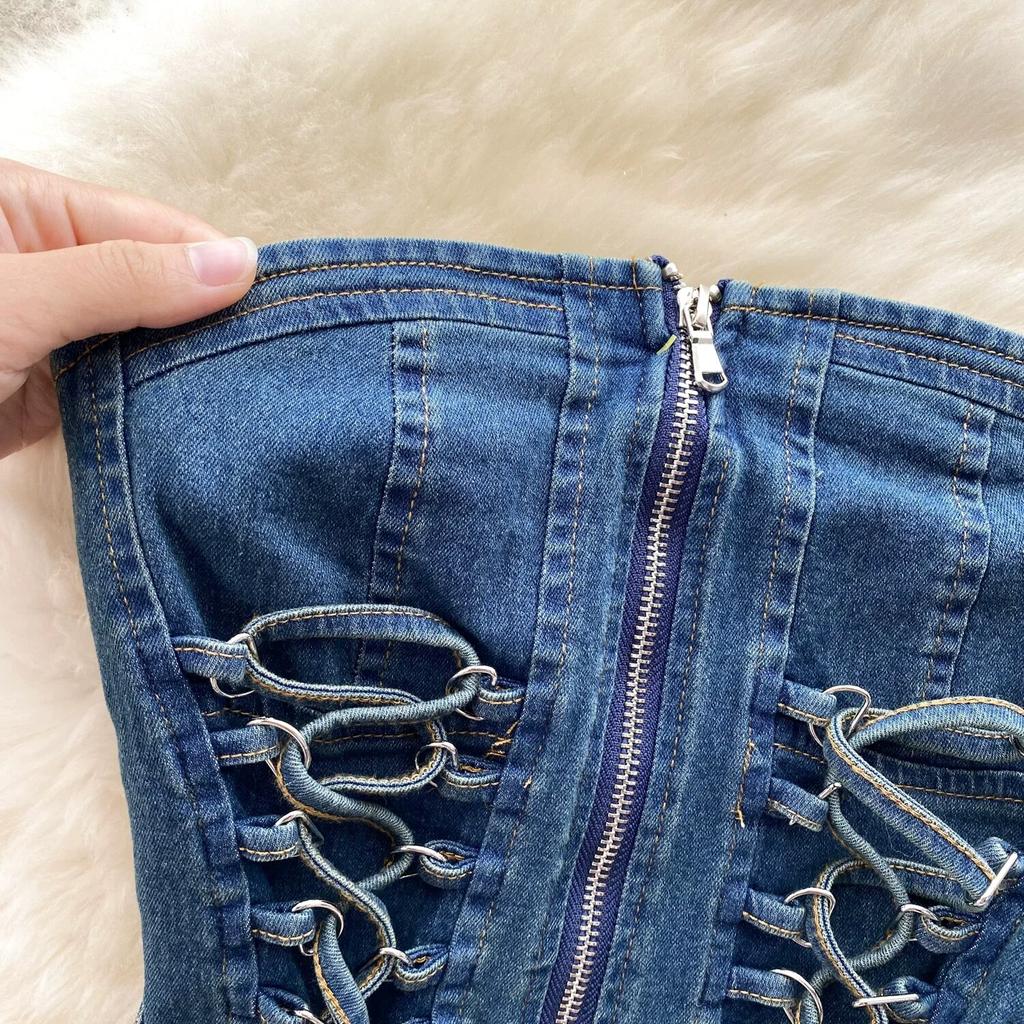 Джинсовые комплекты для девочек, милые комплекты из двух предметов, женские топы на молнии без бретелек Y2K, эластичные мини-кюлоты, женская мода, уличная одежда на шнуровке, костюмы 2024