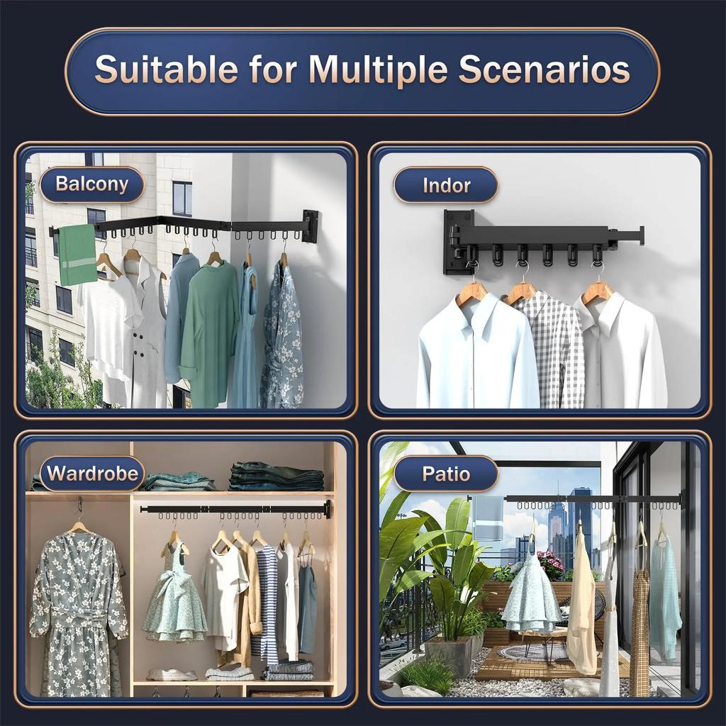 UNTIOR Retractable Cloth Drying Rack Collapsible Cloth Hanger Aluminum Wall Mount Indoor Space Saving Home Laundry Drying Rack