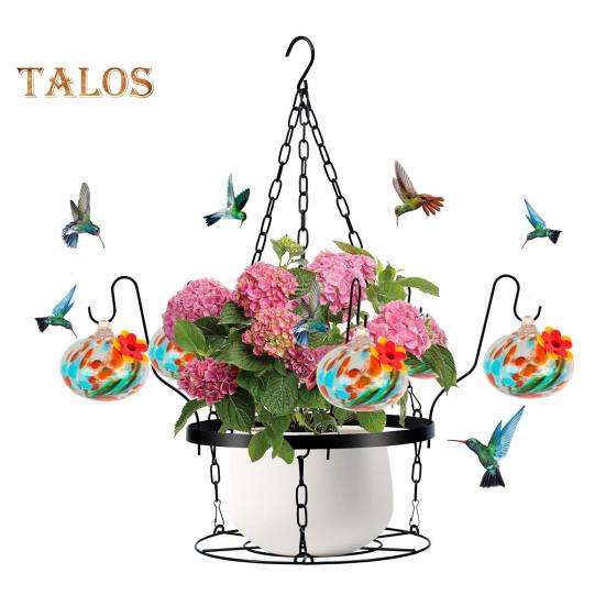Кормушка для колибри из выдувного стекла ручной работы, подвесной металлический держатель для кашпо 2 в 1 с 6 маленькими кормушками для птиц из выдувного стекла для декора окон в саду и на заднем дворе
