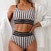 Полосатый комплект бикини с круглым вырезом и высокой талией, купальник для женщин, пляжный купальный костюм из двух предметов, купальники