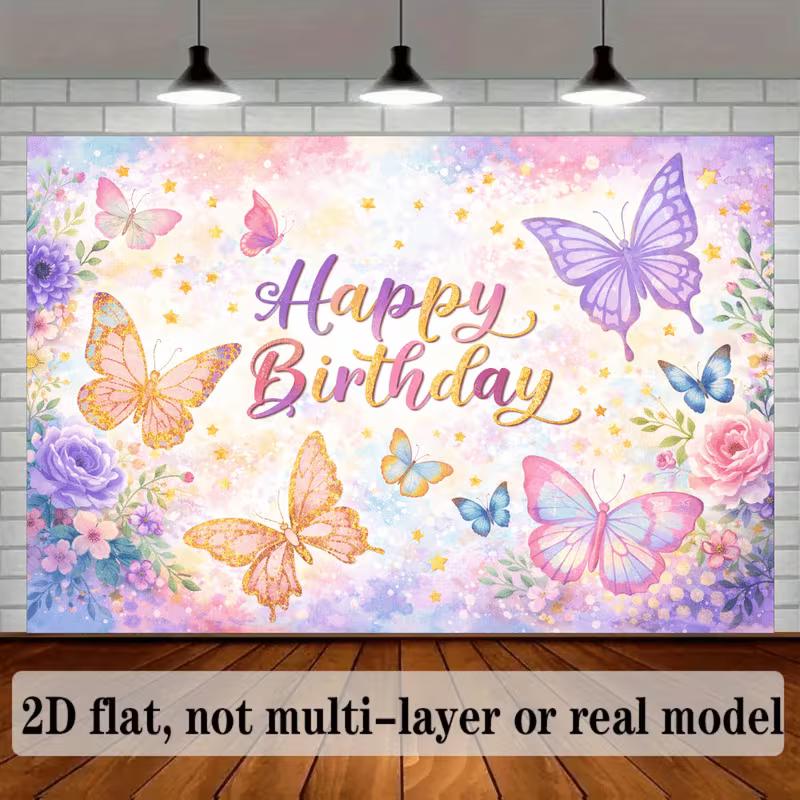 2D Whimsical Butterfly Birthday Backdrop with Flowers and Stars Photo Booth Banner