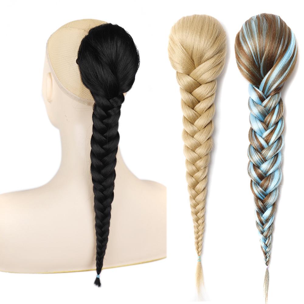 Jeedou Ponytails Hair Braided Plaited Fishtail Fishbone Drawstring Ponytail Extension Rainbow Colorful Chignon Hairpiece