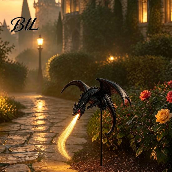 Decorative Patio Yard Art Solar Dragon Garden Stake Light with Breathing Flame Fiber Optic Effects, Metal Outdoor Ornaments Waterproof Powered