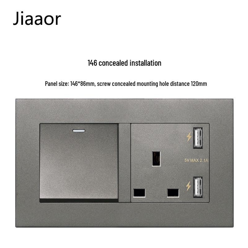 Серый британский стандарт двойная розетка с выключателем с USB и Type C - совместимая с Гонконгом/Макао, скрытого типа 86