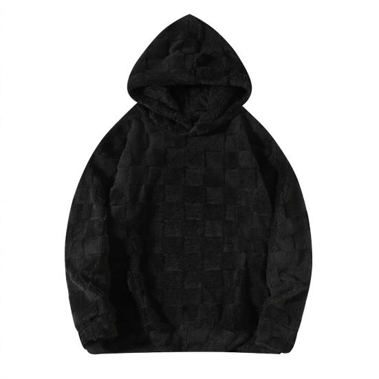 Осень Зима Мужское Худи Однотонное Клетчатое Свободное Повседневное С Капюшоном Толстовка Дышащая Плотная Теплая Плюшевая С Длинными Рукавами Пуловер Топ