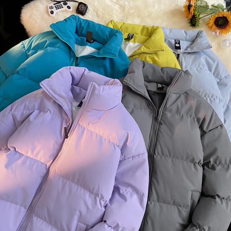 Unisex Stand Collar Puffer Jacket Solid Color Thick Warm Zip Up Quilted Coat Casual Winter Outerwear Multiple Colors