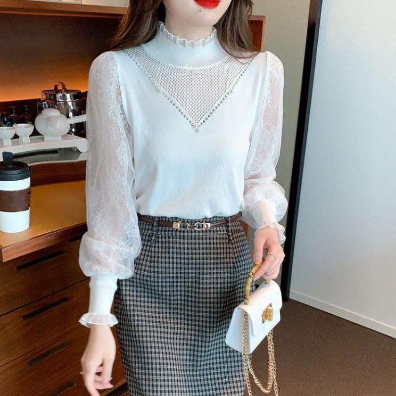 Bubble Sleeve Knitted Sweater for Women's Spring Wear Korean Version Lace Base Shirt Top