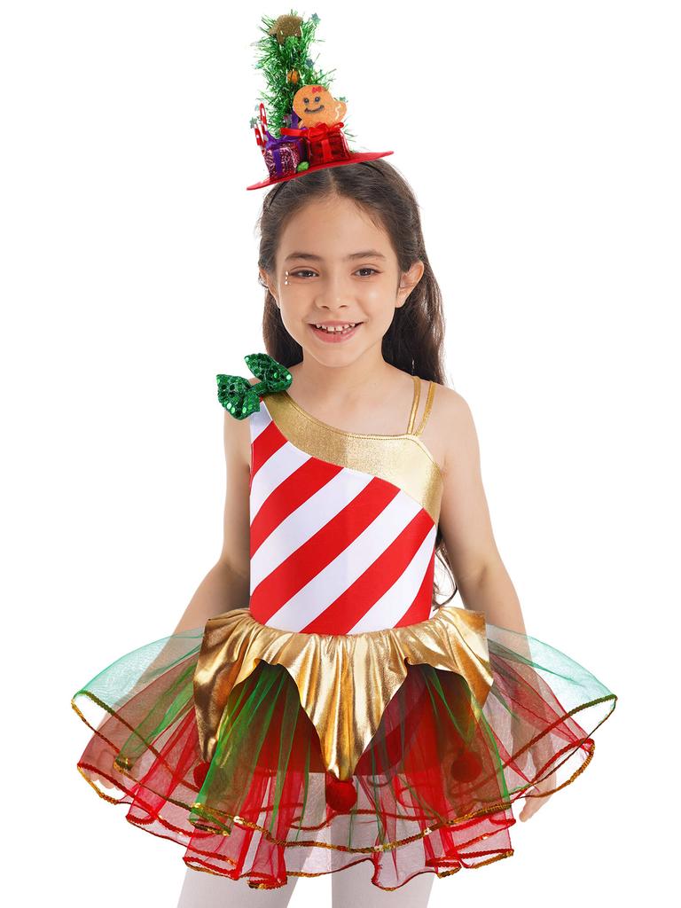 Kids Girls Carnival Cosplay Costume Asymmetrical Shoulder Sleeveless Stripes Print Dress with Headband