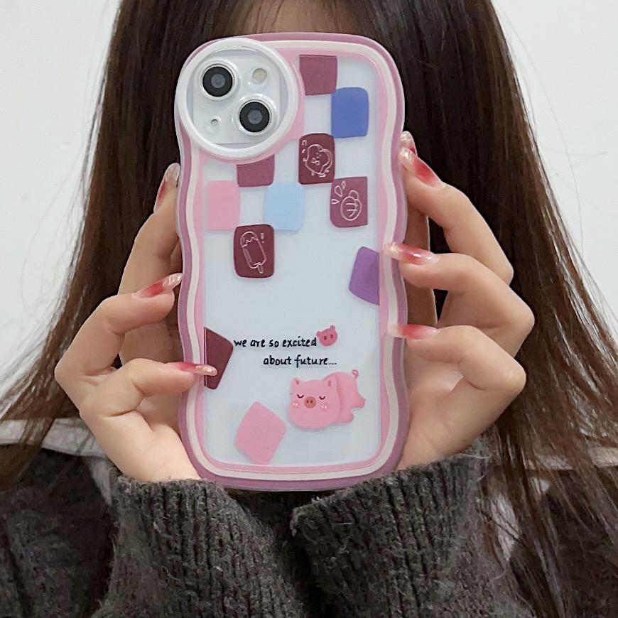 Transparent Wave Edge Painted Silicone Case for Xiaomi Redmi Note 10 11 12 iPhone 15 14 13 11 Samsung A54 A34 A24 Funda Cat Piggy Bear Cover Bumper