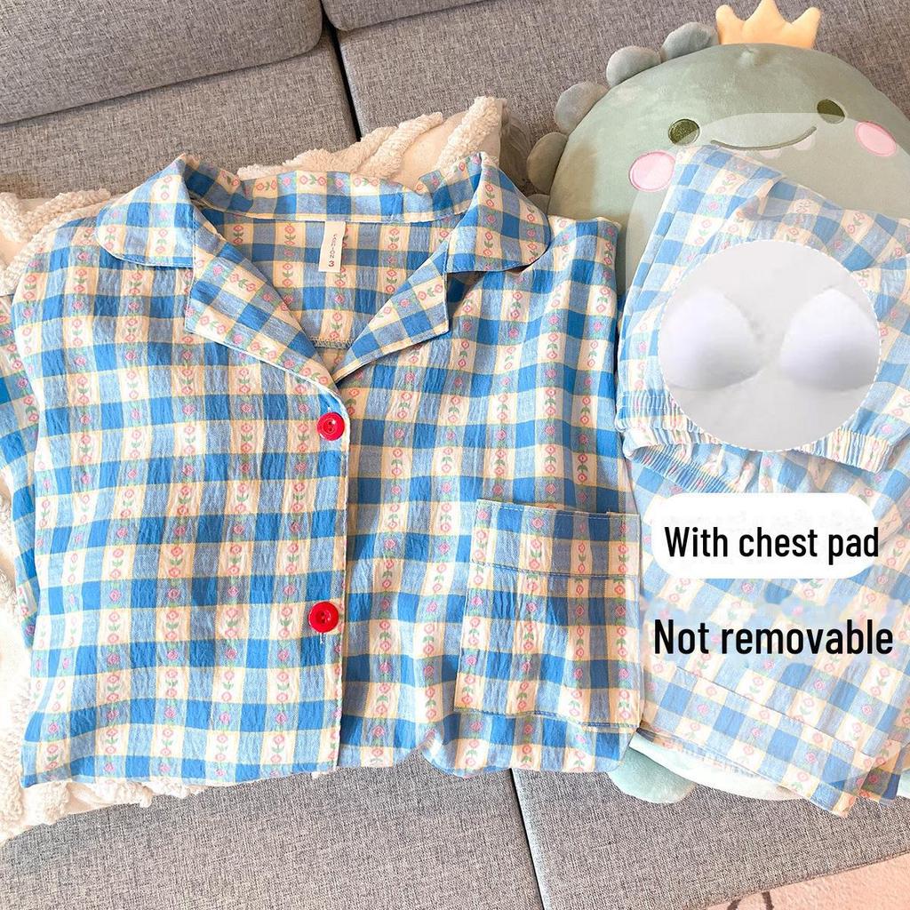 Женский пижамный комплект из хлопка в горошек: Кардиган с длинными рукавами и нагрудными накладками на весну и осень