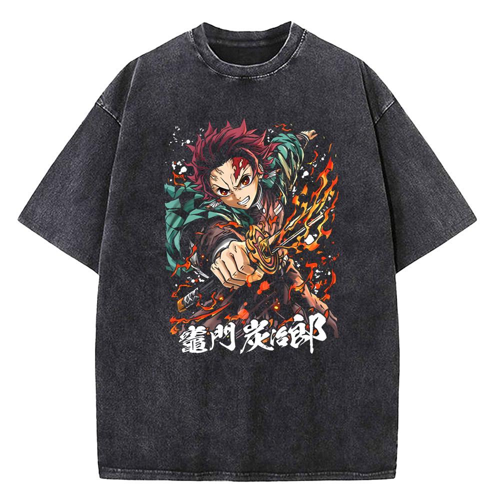 Japanese Anime Demon Slayer Printed Tshirt Mens and Womens Washed Tshirt High Quality Vintage Cotton Tshirt YK Tops