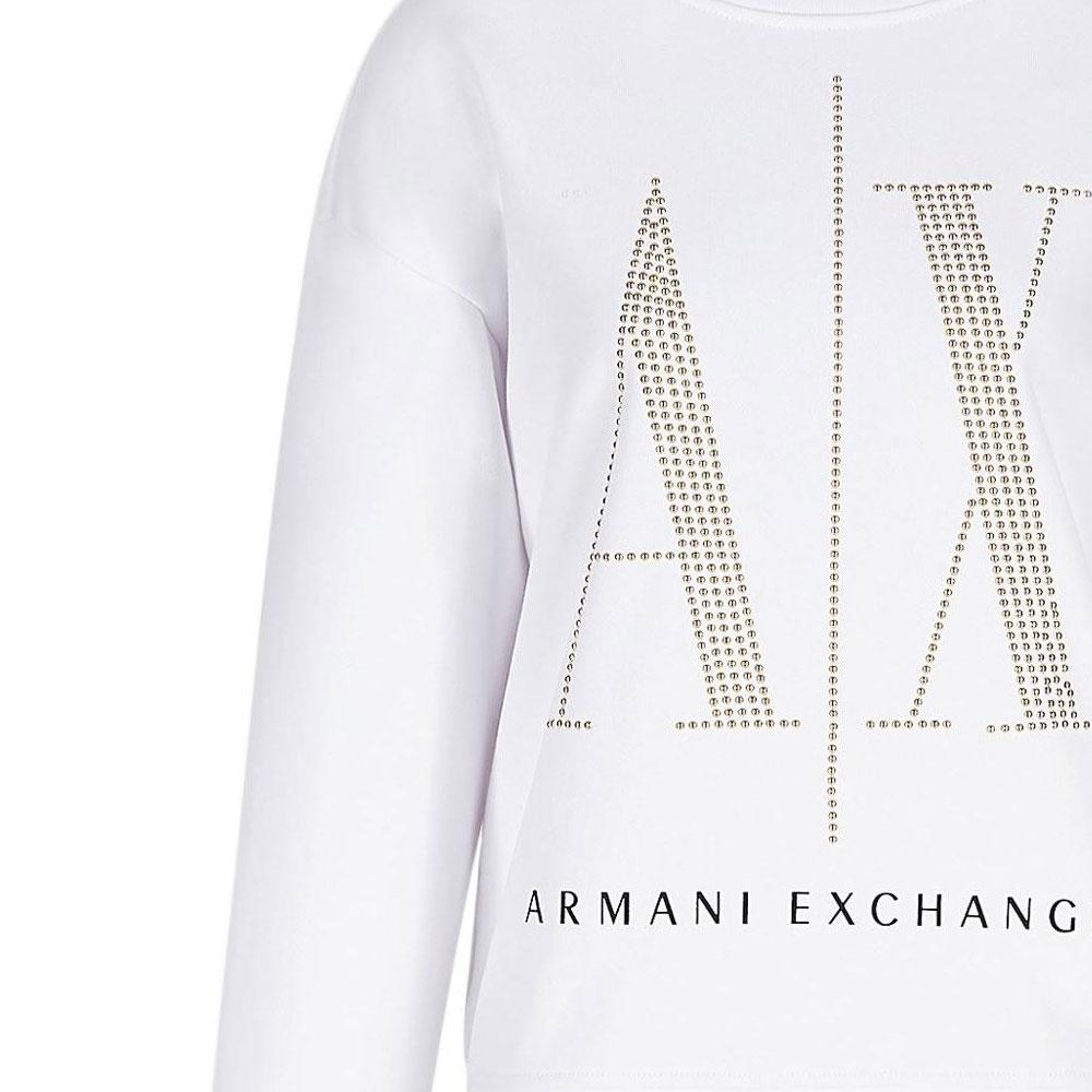 Armani Exchange Свитшот с круглым вырезом и длинным рукавом, украшенный шипами, с логотипом-буквой, женский, белый, SS22 8NYM01-YJ68Z-1000