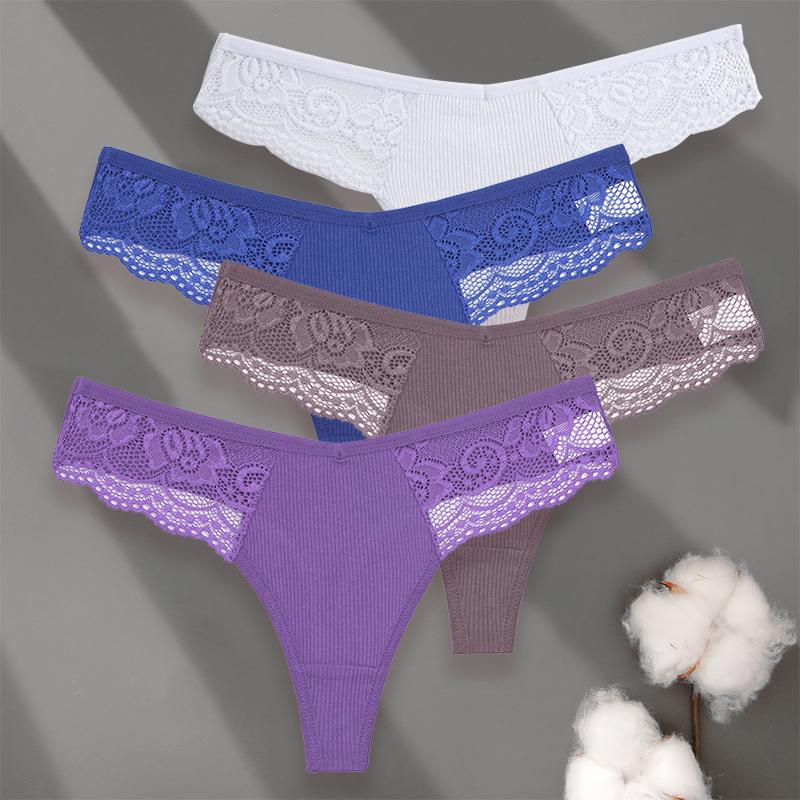 4PCS/Set Sexy V-Waist Women Cotton G-string S-XL Lace Lingerie Panties Thongs Femme Underwear Girls Underpant Intimates