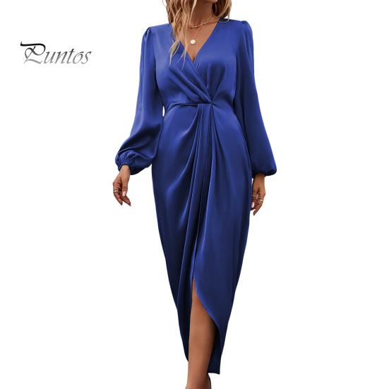Women Dress Irregular Slit Hem High Waist Pleated Long Puff Sleeves Solid Color V Neck Formal Party Banquet Maxi Dress