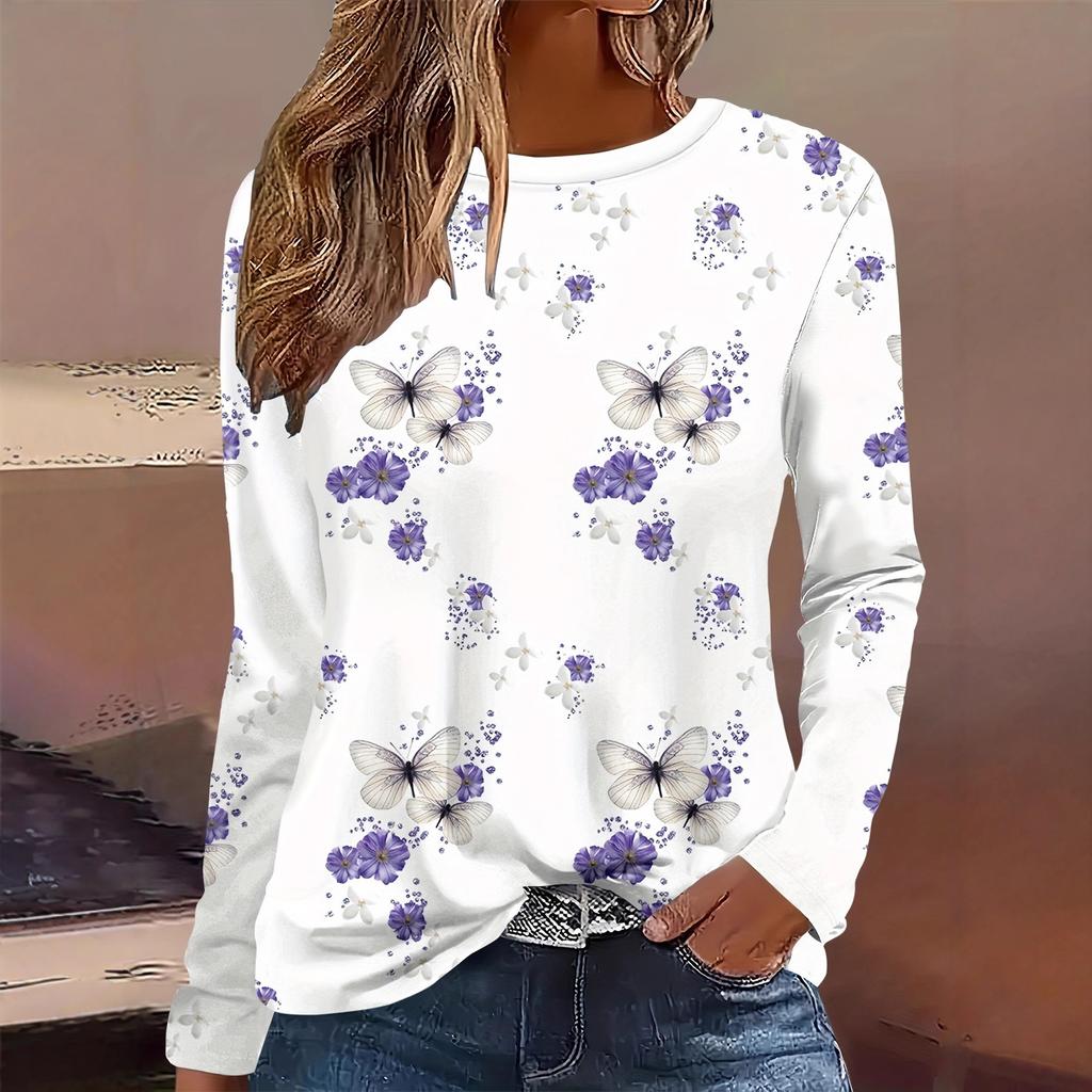 3D Flower Butterfly Pattern Printed Casual Long Sleeved Women's T-shirts - Soft Medium Stretch Polyester Fabric Spring and Autumn Relaxed Fit Clothing