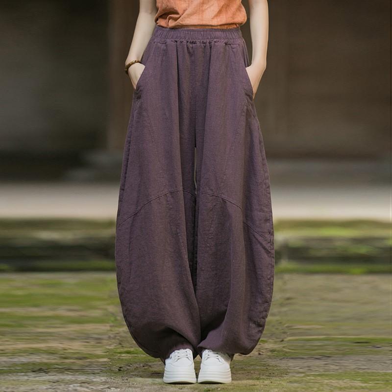 Johnature Женские винтажные шаровары с эластичной талией, осенние однотонные лоскутные свободные длинные брюки