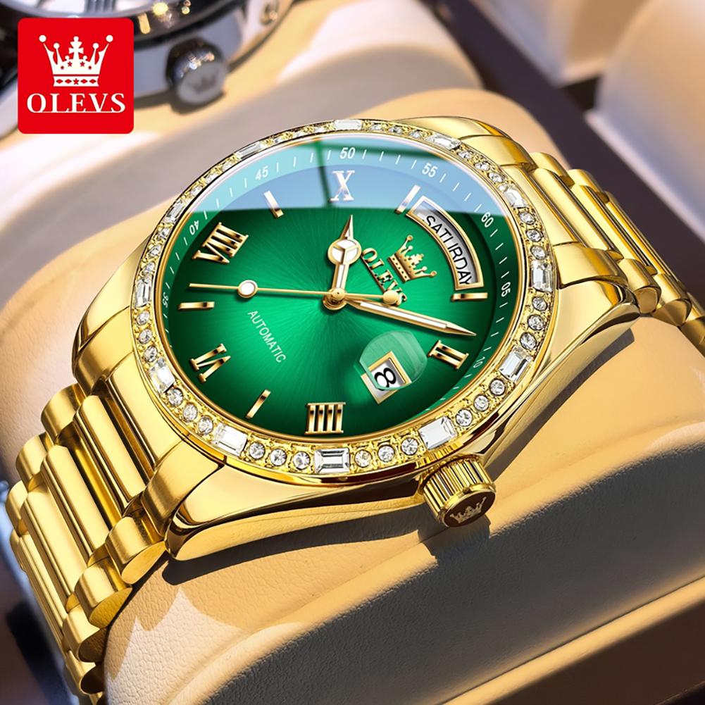 OLEVS 6747 Mens Watch Original Automatic Mechanical Watch Diamond Bezel Date Week Watches For Man Luxury Gifts Box High Quality