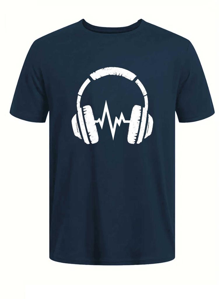 607 Cotton Blend T-shirt - Summer Casual & Sports Wear with Headphone & Heartbeat Graphic Print