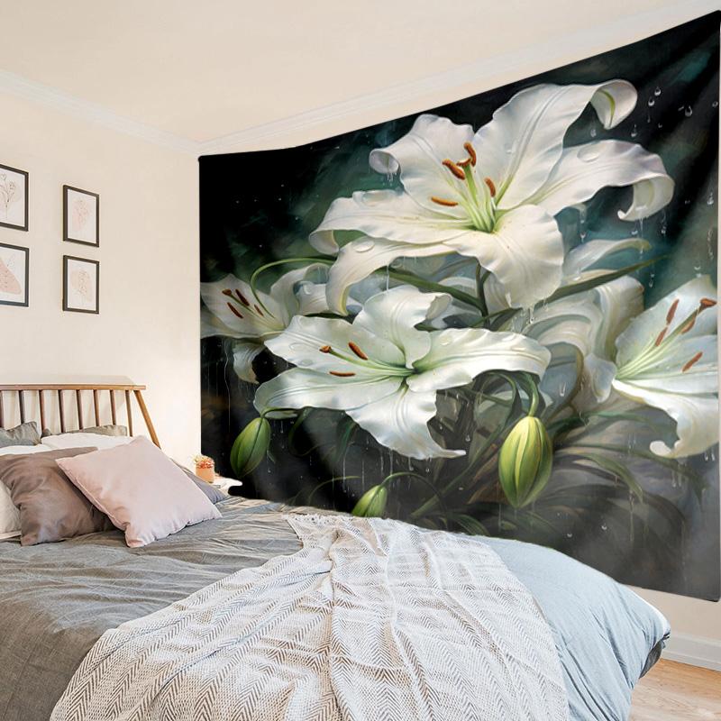 Golden Lily Bloom Tapestry Room Decoration Wall Hanging for Living Room Bedroom, dormitory, Birthday and Christmas gifts