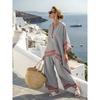 European and American summer women's clothing new 1D printing striped color matching medium-sleeved round neck top straight casual suit