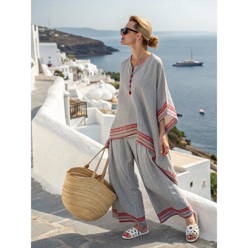 European and American summer women's clothing new 1D printing striped color matching medium-sleeved round neck top straight casual suit