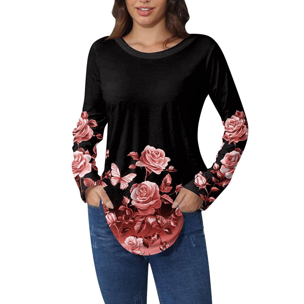 Рубашки для женщин Милые винтажные узоры с принтом Футболка с длинным рукавом Туника Топы Хлопковые пуловеры