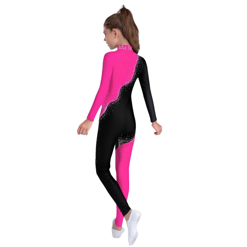 Девочки Комбинезон для выступлений с цветными блоками Сверкающие стразы Воротник-стойка Длинный рукав Скрытая молния сзади Одежда для танцев на все тело