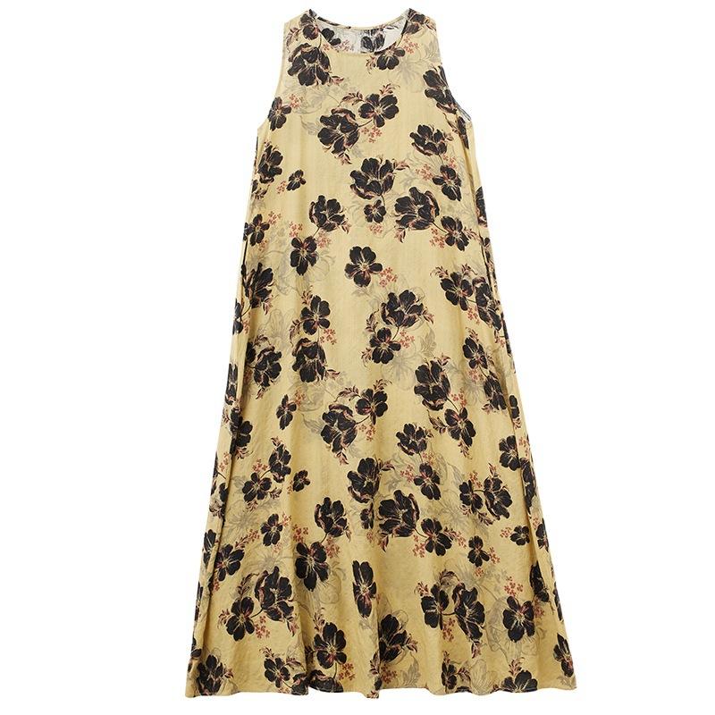 Летнее свободное платье без рукавов с круглым вырезом и принтом средней длины для женщин, повседневные платья