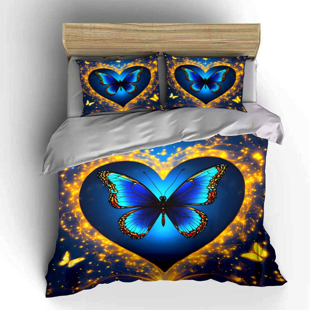 "Blue Butterfly Heart Design Set" Exquisite three-piece bedding set gift for kids and adults