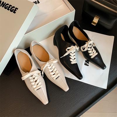 Модные Новые Весенние Туфли из Натуральной Кожи Женские Туфли с Острым Носком Женские Туфли-Лодочки для Женщин Массивный Каблук Кружево Лоферы Модные Туфли-Гладиаторы