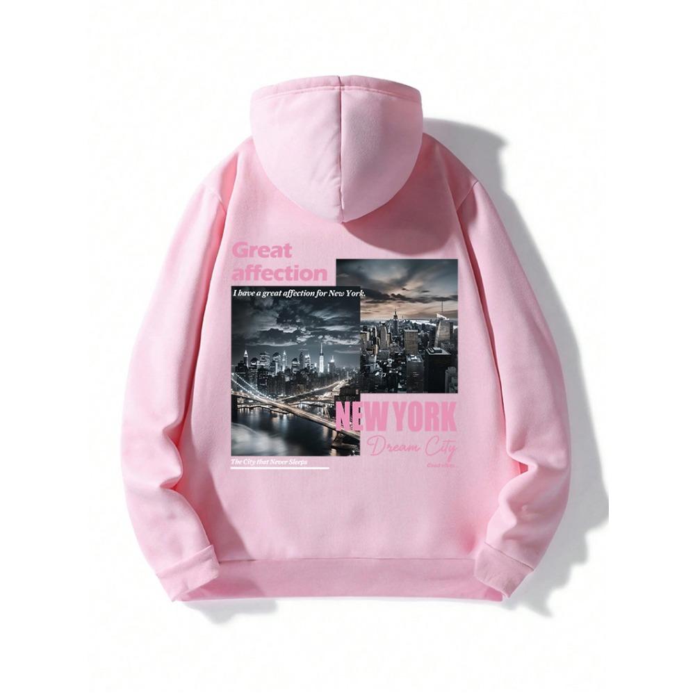 Толстовки с принтом New York Dream City, повседневная мода, женский пуловер, теплая толстовка с карманом, оверсайз, уличная одежда