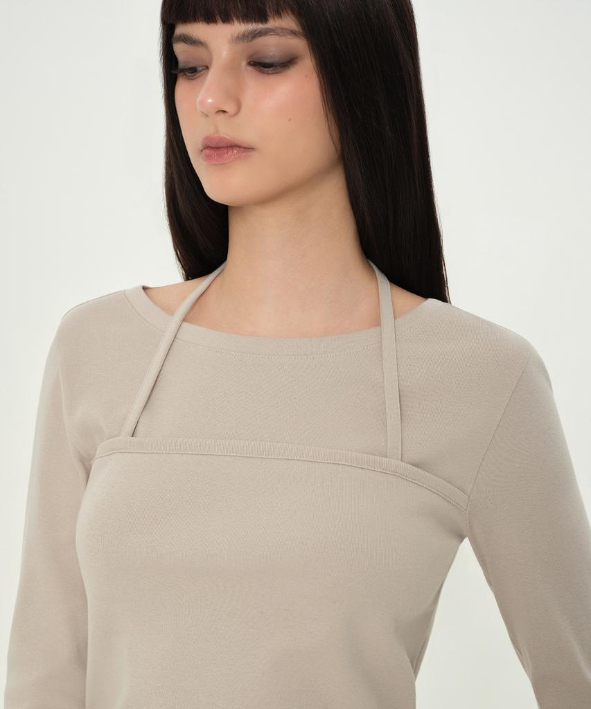 MUSINSA STANDARD WOMAN Женская многослойная футболка с длинным рукавом и завязками на шее [Грибной]