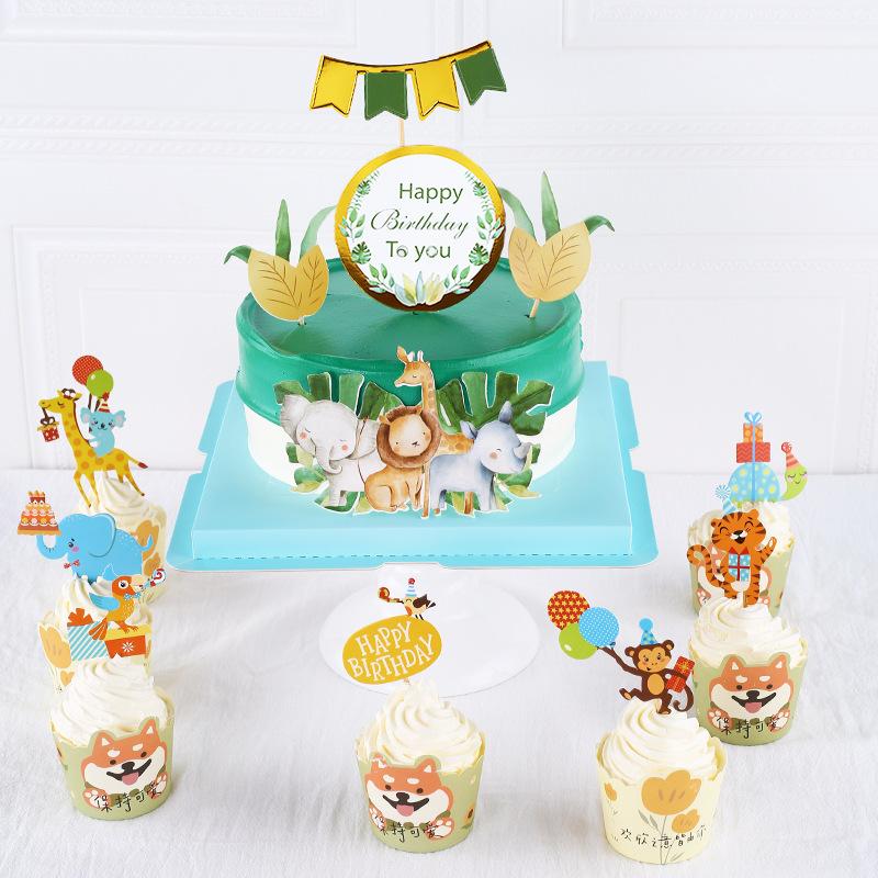 Jungle Animal Cupcake Decoration Cartoon Elephant Lion Giraffe Cake Decoration Wildlife Park Wild One Birthday Party Supplies
