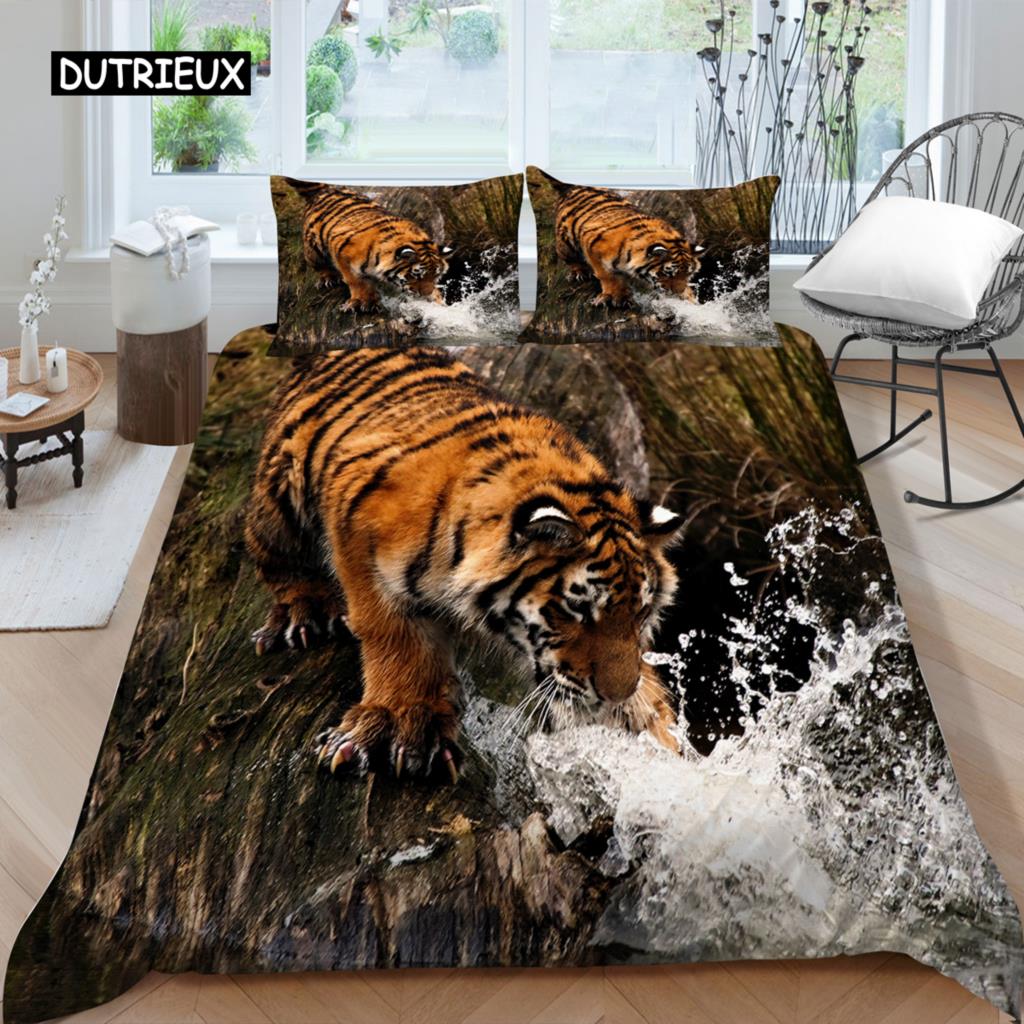 Комплект постельного белья 3D, черный пододеяльник, комплект стеганого одеяла, наволочка, размер King Queen, полиэстер с принтом тигра и животных
