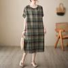 Летнее тонкое хлопковое льняное клетчатое платье больших размеров, художественное женское платье выше колена средней длины для женщин