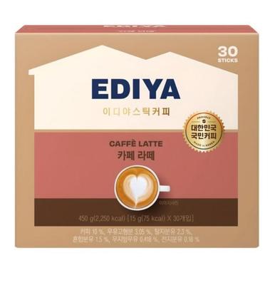 EDIYA Кафе Латте – 30 стиков | Корейский сливочный растворимый кофейный микс | Вкус как в кафе дома