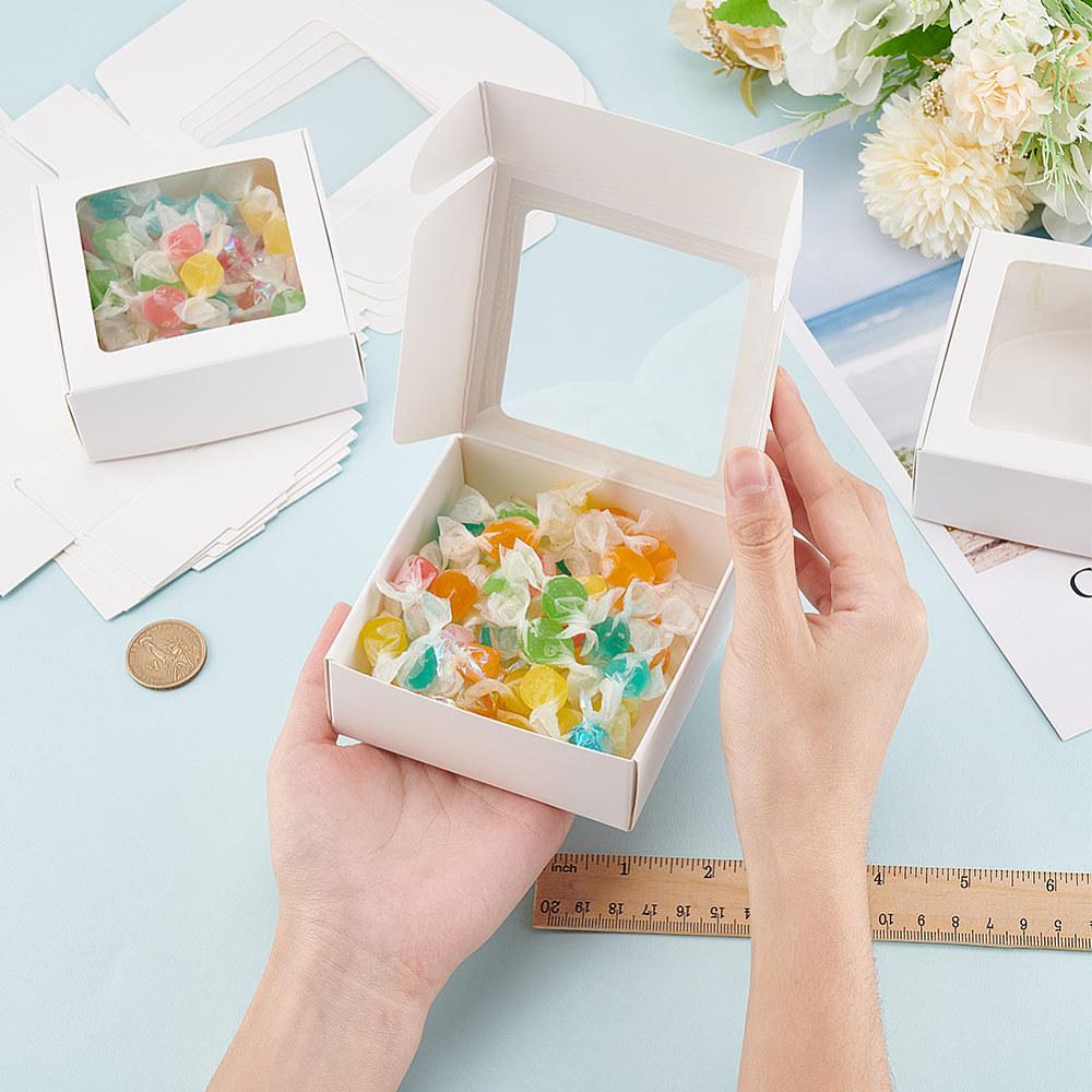 20pcs Paper Candy Boxes Bakery Box with PVC Clear Window for Party Wedding Baby Shower Square White 9.5x9.5x3.5cm