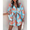 Summer Holiday Printed Beach Dress Lace-up A-line Bohi Short Dress V-neck Women Flying Sleeve Button Loose Casual Clothing 26524