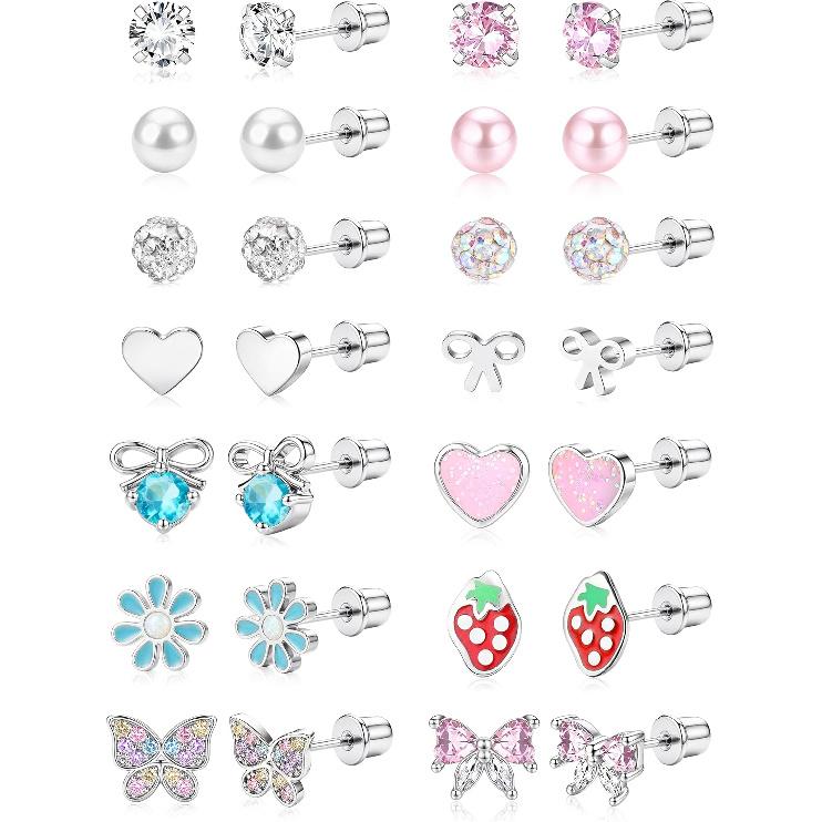 14 Pair Hypoallergenic Stud Earrings for Women Surgical Stainless Steel Screw Back Earrings for Sensitive Ears Cute Pearl Bow Heart Butterfly Studs