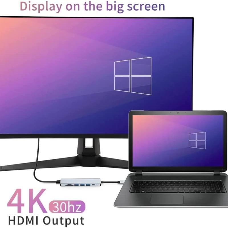 Концентратор USB C 7 в 1, совместимый с HDMI адаптер 4K, 30 Гц, PD, 87 Вт, разветвитель USB 3.0, устройство чтения карт памяти TF/SD, док-станция типа C для телефона/ПК/ноутбука