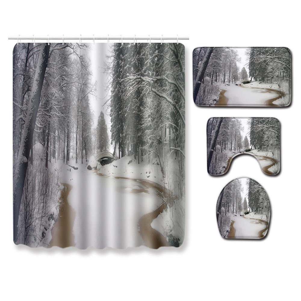 Landscape Shower Curtain Floor Mat Combination Four-Piece Set Bathroom Toilet Carpet Shower Room Mat Foot Mat
