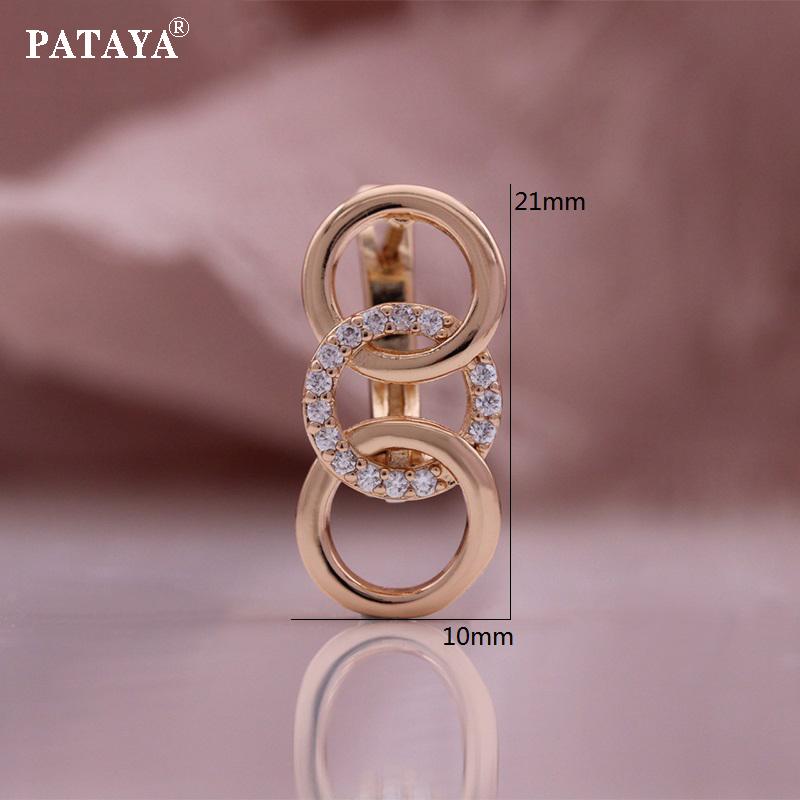 PATAYA 585 Rose Gold Color Round Geometric Inlay With Microwax White Artificial Zircon Earrings