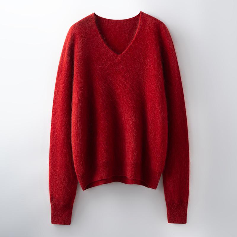 Women's Brushed Wool V-Neck Long-Sleeve Sweater: Autumn/Winter Loose Slimming Knitted Pullover Top