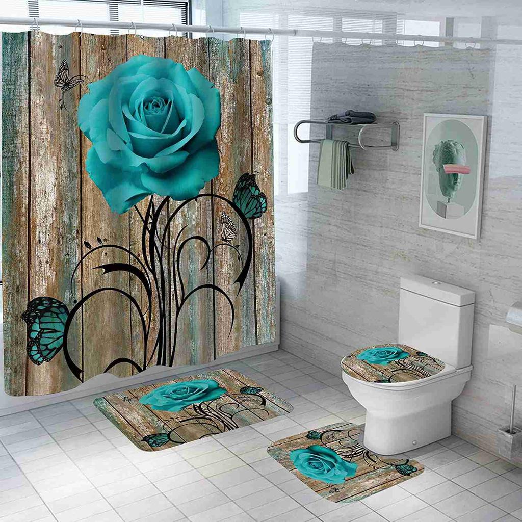 Butterfly Flower Printed Bathroom Shower Curtain Set Waterproof Shower Curtain Anti-Skid Rugs Carpet Toilet Lid Cover Bath Mat