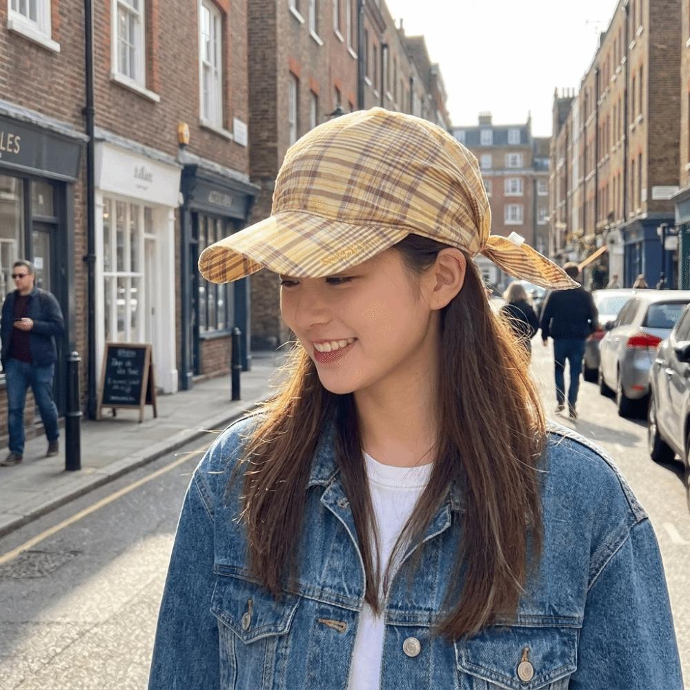 Contrasting Color Personalized Strap Cap Retro Retro Plaid Turban Hat Sunshade Use