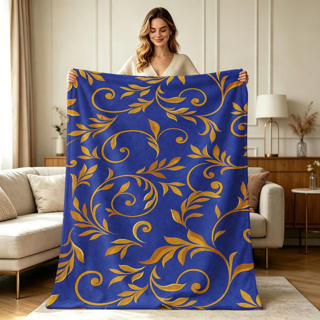 Soft Flannel Blanket with Golden Scroll Leaf Print All Season Warm Throw Blanket for Couch Bed Living Room Office