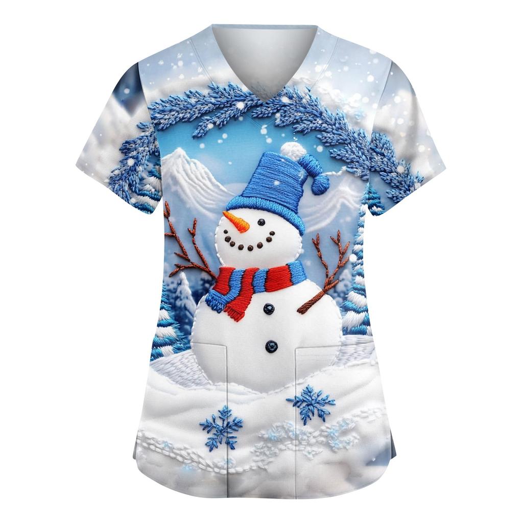 Женский модный рабочий топ с V-образным вырезом, рождественским принтом, короткими рукавами, карманом, боковым разрезом, базовый пуловер